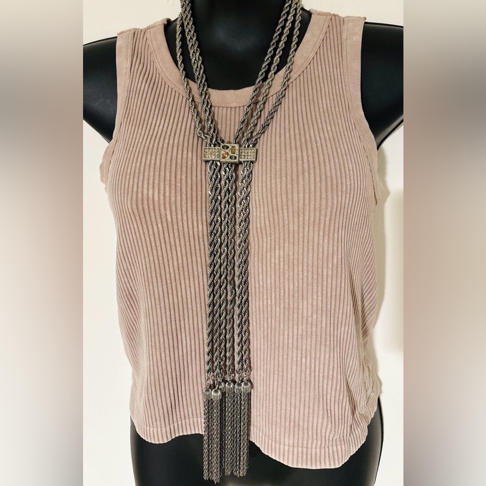 Chico’s chunky tassel Silver Multi-Strand Necklace rope gem stones rhinestones